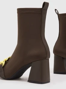 Chain Decor Point Toe Chunky Heeled Classic Boots - Brown - View 5