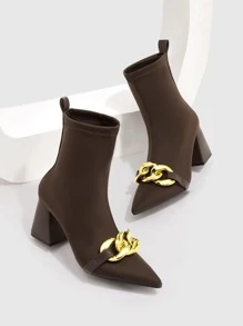 Chain Decor Point Toe Chunky Heeled Classic Boots - Brown - View 3