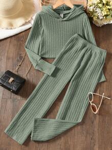 SHEIN Chicas Pantalones con camiseta unicolor con capucha - Verde - Ver 1