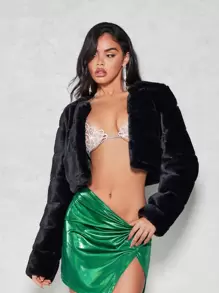 SHEIN BAE Open Front Crop Fuzzy Coat - Black - View 1