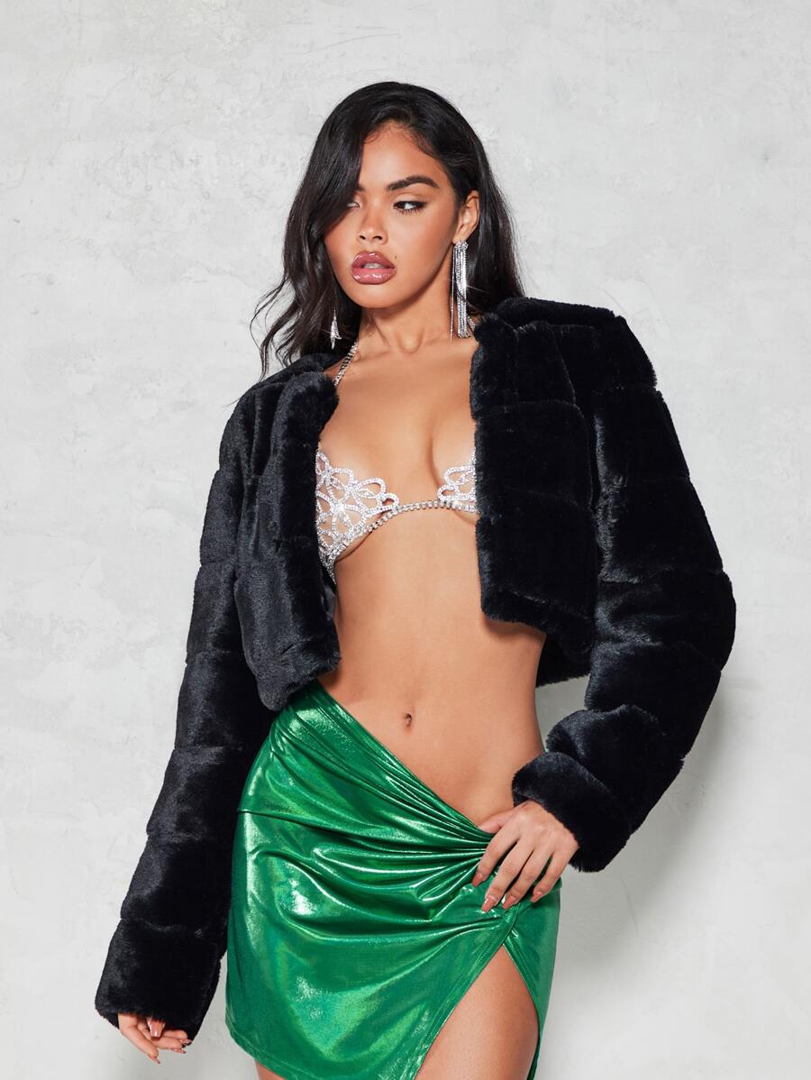 SHEIN BAE Open Front Crop Fuzzy Coat - Black - View 1