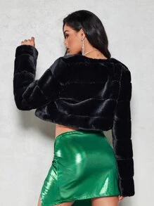 SHEIN BAE Open Front Crop Fuzzy Coat - Black - View 2