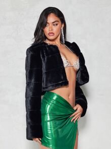 SHEIN BAE Open Front Crop Fuzzy Coat - Black - View 4