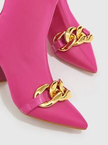 CUCCOO SZL Satin Chain Decor Chunky Heeled Sock Boots - Hot Pink - View 3