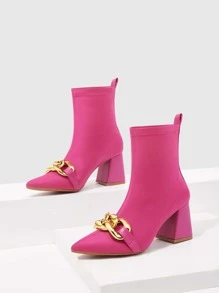 CUCCOO SZL Satin Chain Decor Chunky Heeled Sock Boots - Hot Pink - View 5