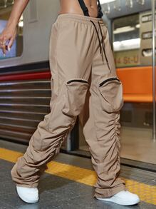 90S Hip Hop Zipper Detail Stacked Trousers - Khaki - View 1