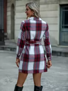 SHEIN LUNE 格紋單排釦腰帶襯衫連衣裙 - 酒紅色 - 查看 2