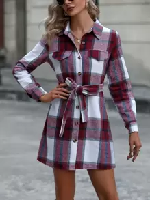 SHEIN LUNE 格紋單排釦腰帶襯衫連衣裙 - 酒紅色 - 查看 3