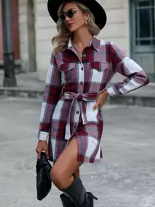 SHEIN LUNE 格紋單排釦腰帶襯衫連衣裙 - 酒紅色 - 查看 4