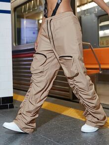 90S Hip Hop Zipper Detail Stacked Trousers - Khaki - View 5