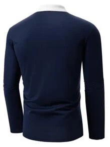 Manfinity Men Letter Graphic Contrast Collar Polo Shirt - Navy Blue - View 2