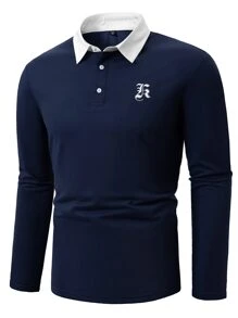 Manfinity Men Letter Graphic Contrast Collar Polo Shirt - Navy Blue - View 3
