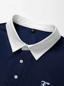 Manfinity Men Letter Graphic Contrast Collar Polo Shirt - Navy Blue - View 4