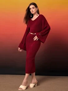 Modelyn Drop Shoulder Jumper Dress Without Belt - Burgundy - View 1