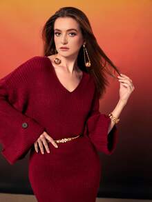 Modelyn Drop Shoulder Jumper Dress Without Belt - Burgundy - View 5