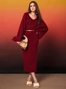 Modelyn Drop Shoulder Jumper Dress Without Belt - Burgundy - View 6