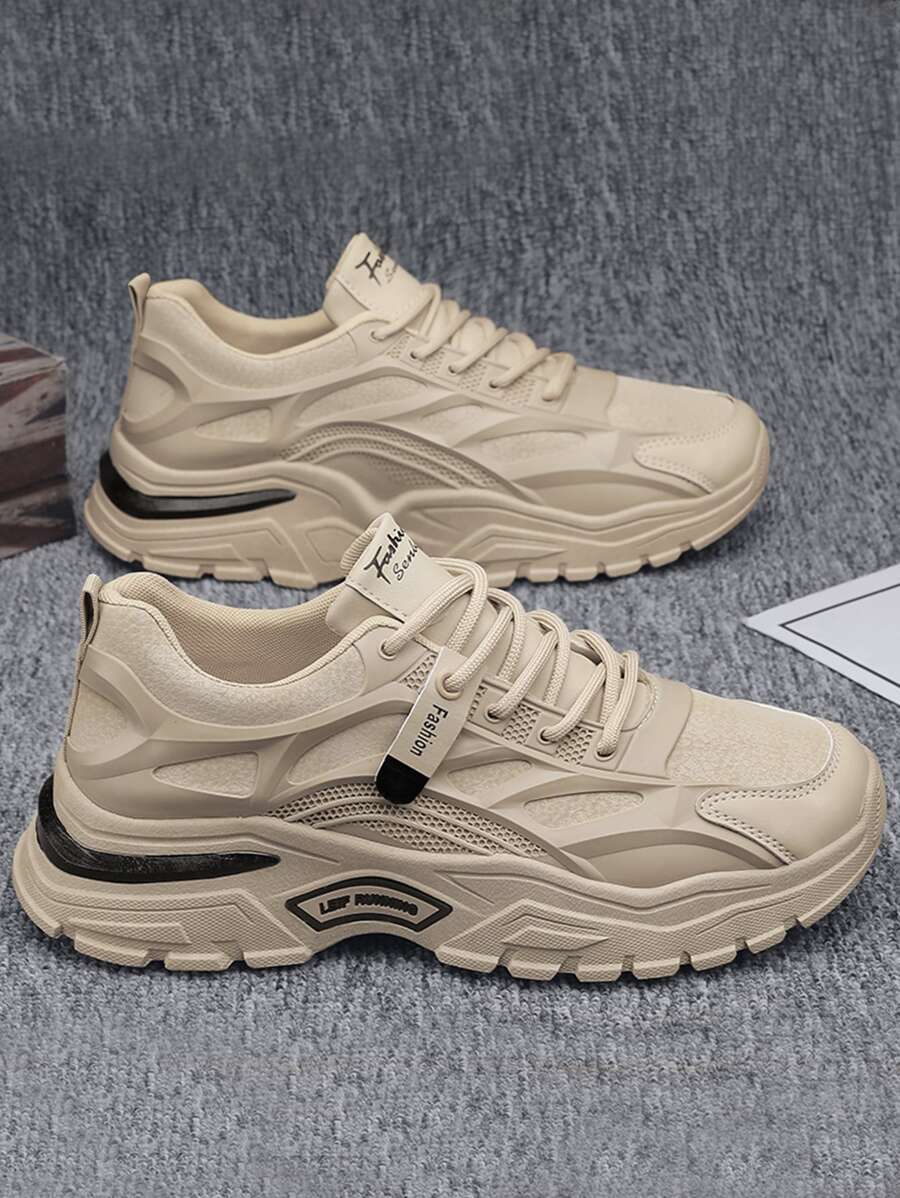 Men Letter Graphic Lace-up Front Chunky Sneakers, Round Toe Sneakers For Daily - Khaki - View 1