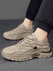 Men Letter Graphic Lace-up Front Chunky Sneakers, Round Toe Sneakers For Daily - Khaki - View 2