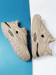 Men Letter Graphic Lace-up Front Chunky Sneakers, Round Toe Sneakers For Daily - Khaki - View 3