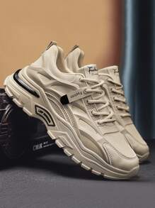 Men Letter Graphic Lace-up Front Chunky Sneakers, Round Toe Sneakers For Daily - Khaki - View 4