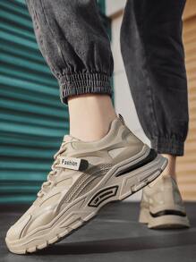 Men Letter Graphic Lace-up Front Chunky Sneakers, Round Toe Sneakers For Daily - Khaki - View 5