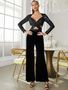 Contrast Sequin Cut Out Waist Jumpsuit - Black - View 4
