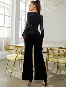 Contrast Sequin Cut Out Waist Jumpsuit - Black - View 2