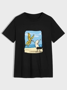 Chillumni 男士图案印花短袖 T 恤，休闲，适合外出，男友礼物 - 黑色 - 查看 1