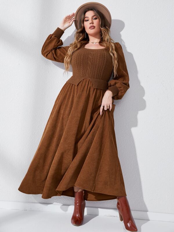 Mulvari Plus Lantern Sleeve Corduroy Dress Maxi Women Outfit