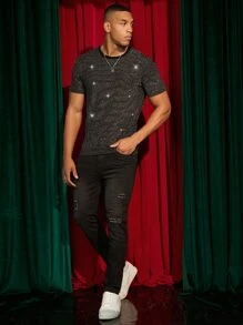 GENTILAND Men T-Shirts Fit Crew Neck Short Sleeve Plain Glitter Sexy - Black - View 7