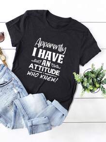 SHEIN LUNE Slogan Graphic Crew Neck Tee - Black - View 1