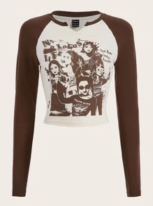 SHEIN EZwear 人物和標語圖案缺口領插肩袖T恤 - 彩色 - 查看 1