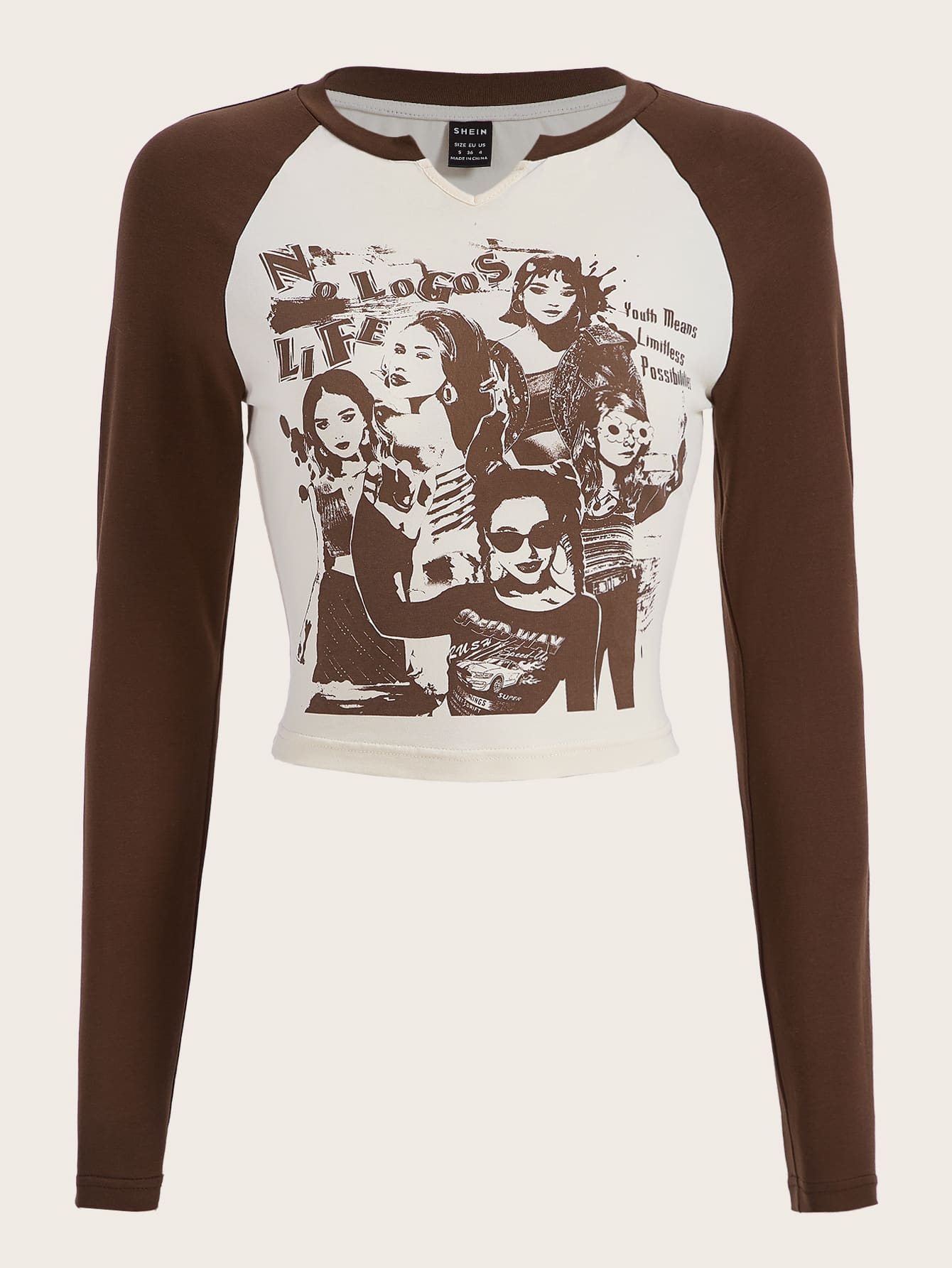 SHEIN EZwear 人物和標語圖案缺口領插肩袖T恤 - 彩色 - 查看 1