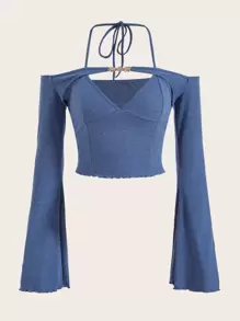 SHEIN ICON Lettuce Trim Cut Out Flounce Sleeve 2 In 1 Crop Tee - Blue - View 1