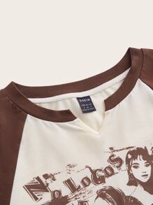SHEIN EZwear 人物和標語圖案缺口領插肩袖T恤 - 彩色 - 查看 4
