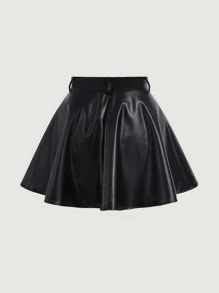 SHEIN MOD Solid PU Leather Skater Black Skirt - Black - View 8