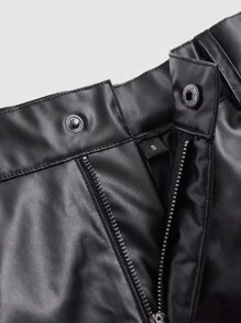 SHEIN MOD Solid PU Leather Skater Black Skirt - Black - View 6