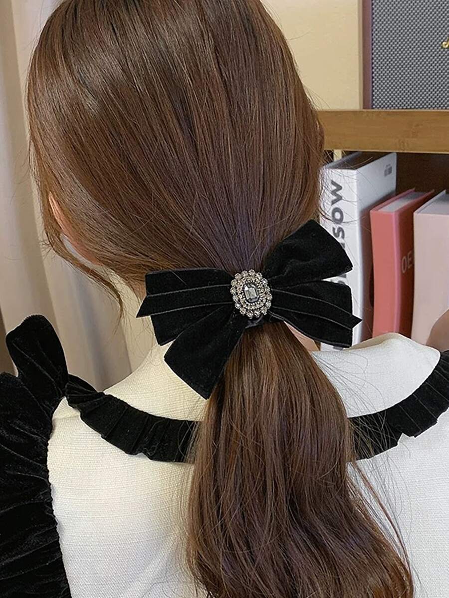 水鑽和蝴蝶結裝飾髮夾 - 黑色 - 查看 1