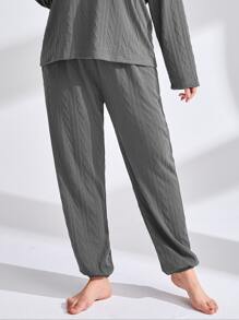 Plus Textured Elastic Waist Sleep Trousers - Dark Grey - View 3