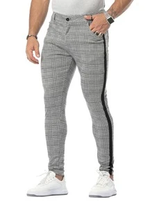 Men Plaid Print Striped Tape Trousers - Black and White - View 1