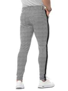 Men Plaid Print Striped Tape Trousers - Black and White - View 2