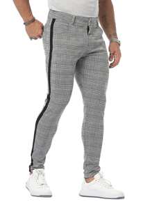 Men Plaid Print Striped Tape Trousers - Black and White - View 3