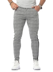 Men Plaid Print Striped Tape Trousers - Black and White - View 4