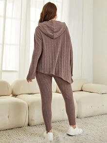 Mulvari Bộ thời trang Plus Size Gân đan màu trơn Giải trí - Gỗ đỏ - Xem 2