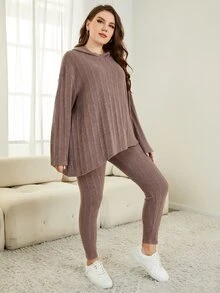Mulvari Bộ thời trang Plus Size Gân đan màu trơn Giải trí - Gỗ đỏ - Xem 3