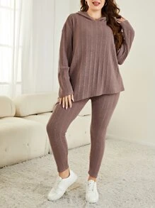 Mulvari Bộ thời trang Plus Size Gân đan màu trơn Giải trí - Gỗ đỏ - Xem 1