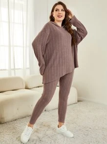 Mulvari Bộ thời trang Plus Size Gân đan màu trơn Giải trí - Gỗ đỏ - Xem 4