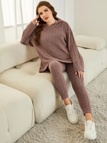 Mulvari Bộ thời trang Plus Size Gân đan màu trơn Giải trí - Gỗ đỏ - Xem 5