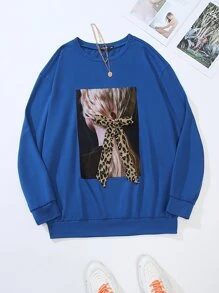 Mulvari Plus Figure Graphic Bow Front Sweatshirt - Blue - View 1