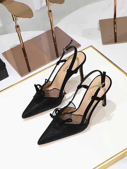 Fall/Winter Bow Decor Ruffle Trim Point Toe Stiletto Heeled Slingback Pumps, Black Elegant High Heel Shoes For Women With Back Strap, Pleats And Lace Edge Design Valentines, Elegant, Party